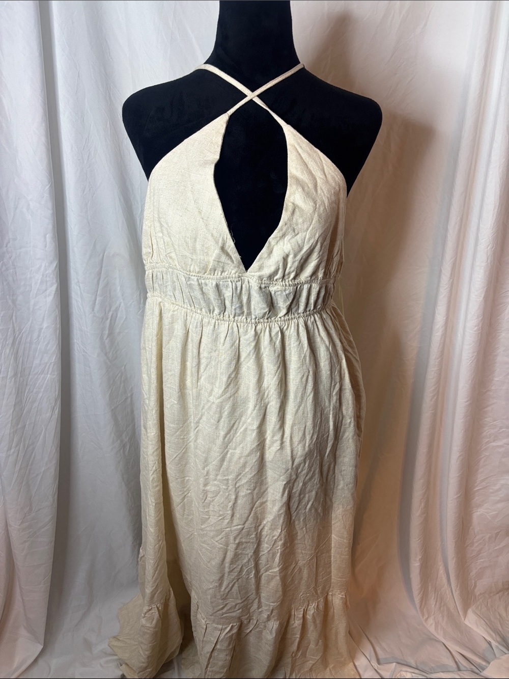Fashion Nova Cream Crisscross Strapless Maxi Dress